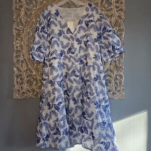 Estelle Blue and White Embroidered Floral  Cotton Dress 3x 24W